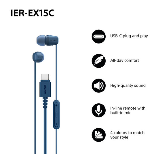 Sony IEREX15C USB-C Wired In-Ear Headphones, Blue