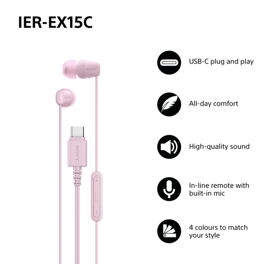 Sony IEREX15C USB-C Wired In-Ear Headphones, Pink