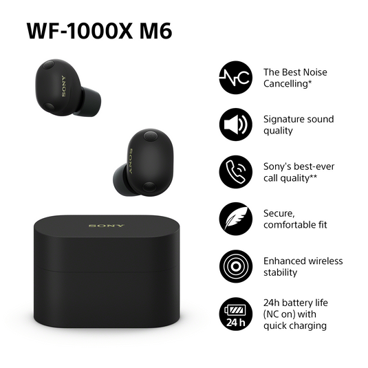 Sony WF-1000XM6 Wireless Noise Cancelling Earbuds, Black