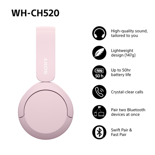 Sony WH-CH520 Wireless Headphones, Pink