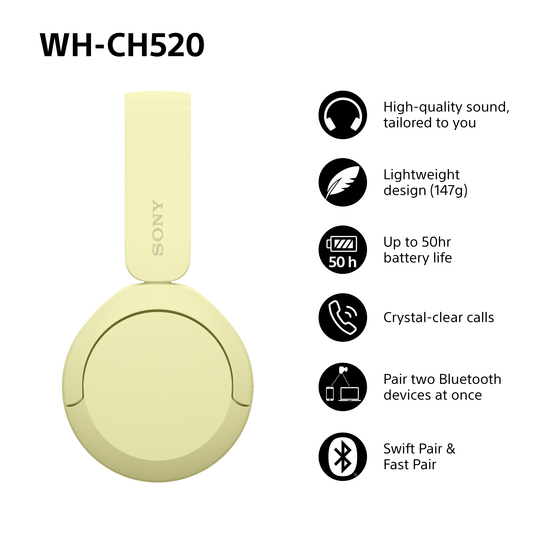Sony WH-CH520 Wireless Headphones, Yellow