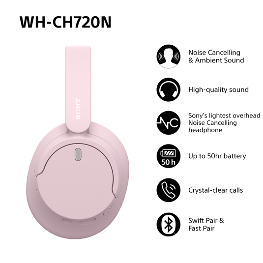 Sony WH-CH720N Wireless Noise Cancelling Headphones, Pink