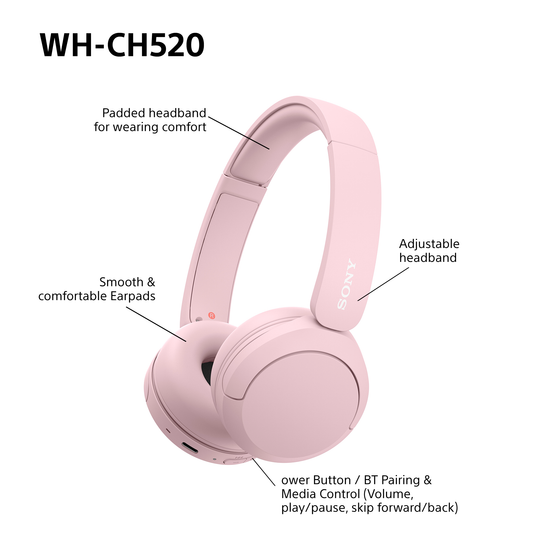 Sony WH-CH520 Wireless Headphones, Pink