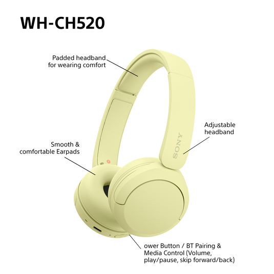 Sony WH-CH520 Wireless Headphones, Yellow