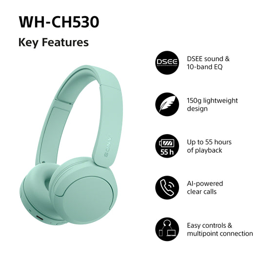 Sony WH-CH530 Wireless Bluetooth Headphones, Mint Green
