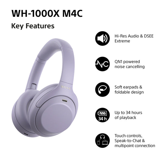 Sony WH-1000XM4C Noise Cancelling Wireless Over Ear Headphones, Lavender