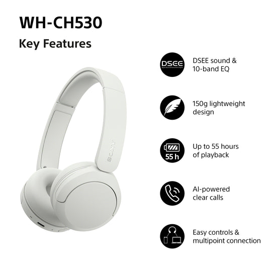 Sony WH-CH530 Wireless Bluetooth Headphones, White