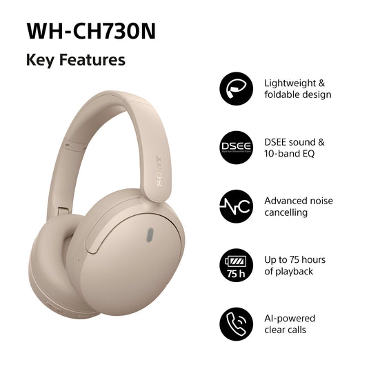 Sony WH-CH730N Wireless Noise Cancelling Headphones, Beige