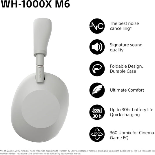 Sony WH-1000XM6 Wireless Noise Cancelling Headphones, Silver