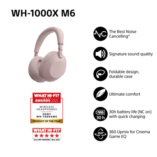 Sony WH-1000XM6 Wireless Noise Cancelling Headphones, Sand Pink