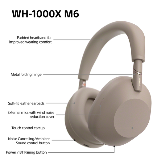 Sony WH-1000XM6 Wireless Noise Cancelling Headphones, Sandstone