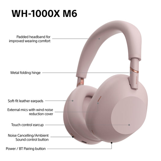 Sony WH-1000XM6 Wireless Noise Cancelling Headphones, Sand Pink