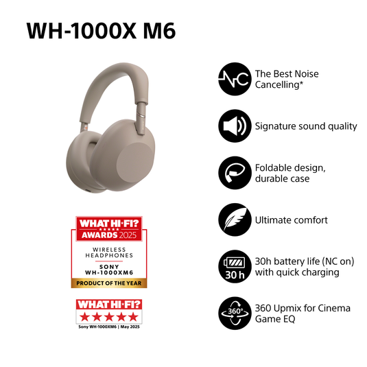 Sony WH-1000XM6 Wireless Noise Cancelling Headphones, Sandstone