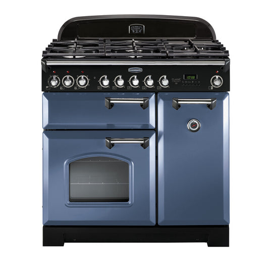 Rangemaster CDL90DFFSB/C Classic Deluxe 90cm Dual Fuel Range Cooker, Stone Blue/Chrome