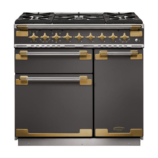 Rangemaster ELS90DFFSL/AB Elise 90 Dual Fuel Range Cooker, Slate With Antique Brass Trim