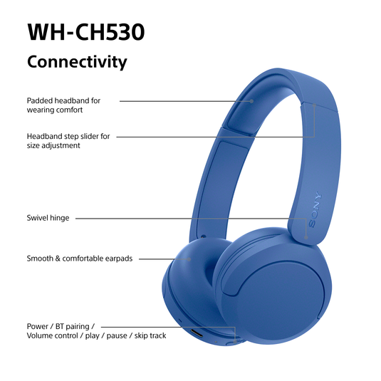Sony WH-CH530 Wireless Bluetooth Headphones, Blue