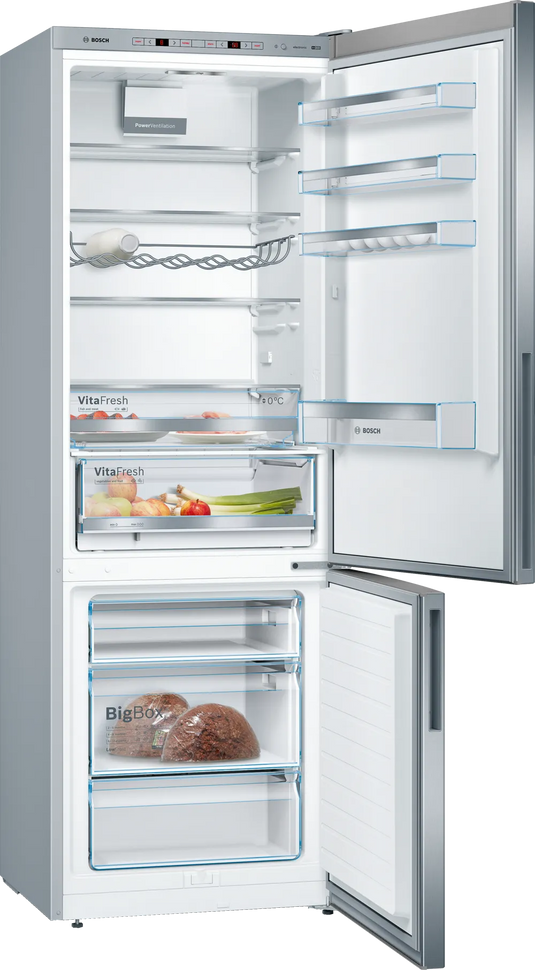 Bosch Series 6, Free-standing fridge-freezer with freezer at bottom, 201 x 70 cm, Brushed steel