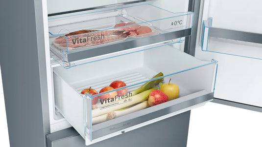 Bosch Series 6, Free-standing fridge-freezer with freezer at bottom, 201 x 70 cm, Brushed steel