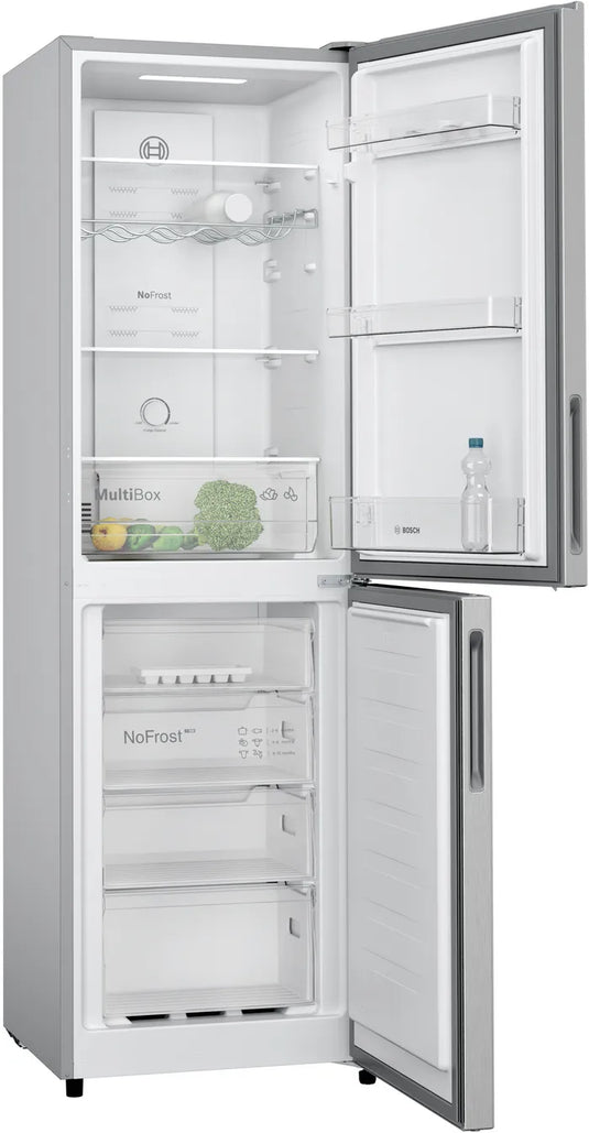 Bosch Series 2, Free-standing fridge-freezer with freezer at bottom, 182.4 x 55 cm, Stainless steel look