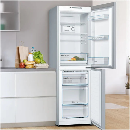 Bosch Series 2, Free-standing fridge-freezer with freezer at bottom, 186 x 60 cm, Stainless steel look