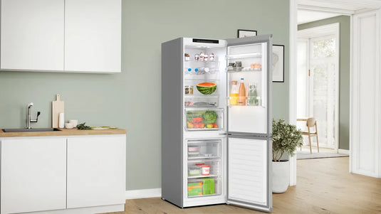 Bosch Series 4, Free-standing fridge-freezer with freezer at bottom, 186 x 60 cm, Stainless steel look