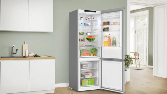 Bosch Series 4, Free-standing fridge-freezer with freezer at bottom, 203 x 70 cm, Stainless steel look