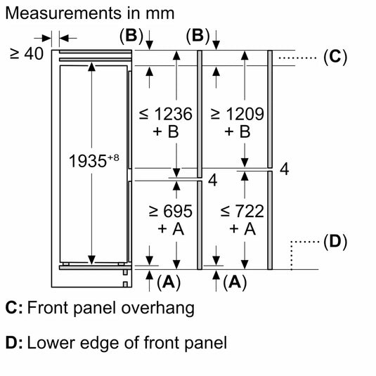 Siemens iQ300, Built-in fridge-freezer with freezer at bottom, 193.5 x 55.8 cm, flat hinge