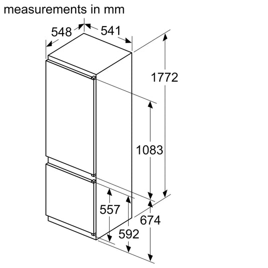 Bosch Series 2, Built-in fridge-freezer with freezer at bottom, 177.2 x 54.1 cm, sliding hinge