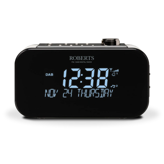 Roberts Ortus 3 DAB/DAB+/FM alarm clock radio with large clock display and smartphone charging, Black