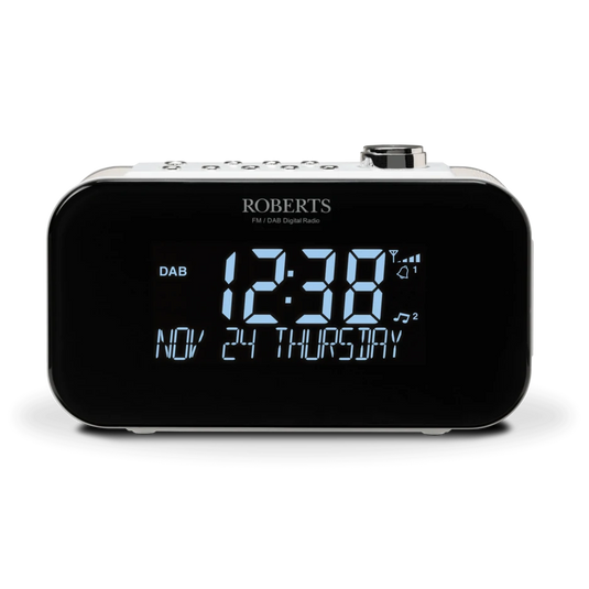 Roberts Ortus 3 DAB/DAB+/FM alarm clock radio with large clock display and smartphone charging, White