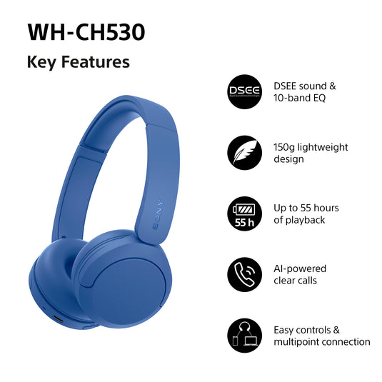 Sony WH-CH530 Wireless Bluetooth Headphones, Blue