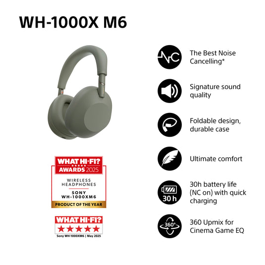 Sony WH-1000XM6 Wireless Noise Cancelling Headphones, Olive Gray