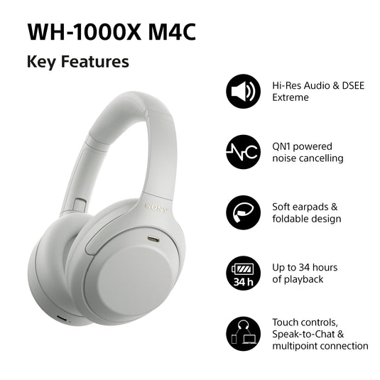 Sony WH-1000XM4C Noise Cancelling Wireless Over Ear Headphones, Platinum Silver