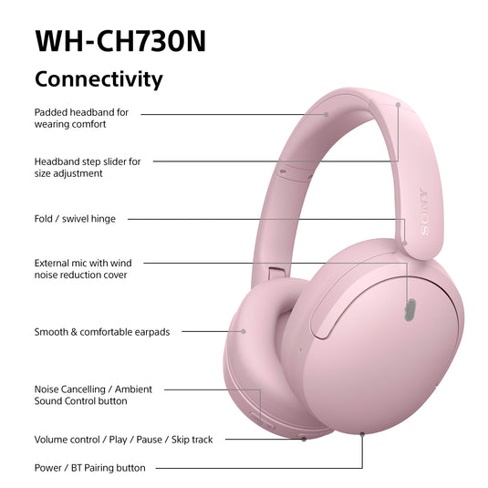 Sony WH-CH730N Wireless Noise Cancelling Headphones, Pink