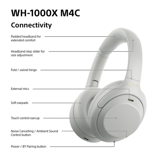 Sony WH-1000XM4C Noise Cancelling Wireless Over Ear Headphones, Platinum Silver