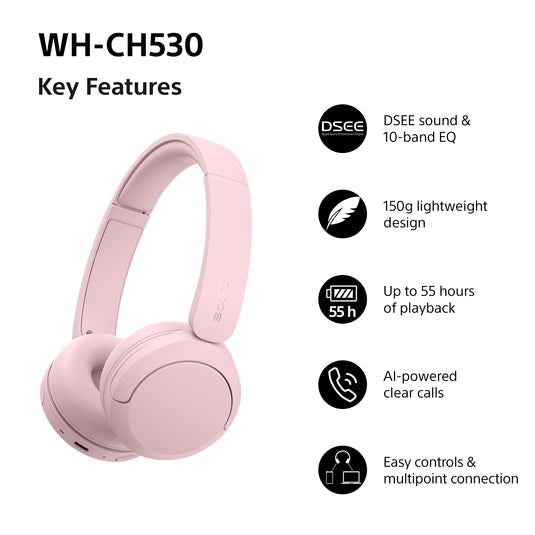 Sony WH-CH530 Wireless Bluetooth Headphones, Pink