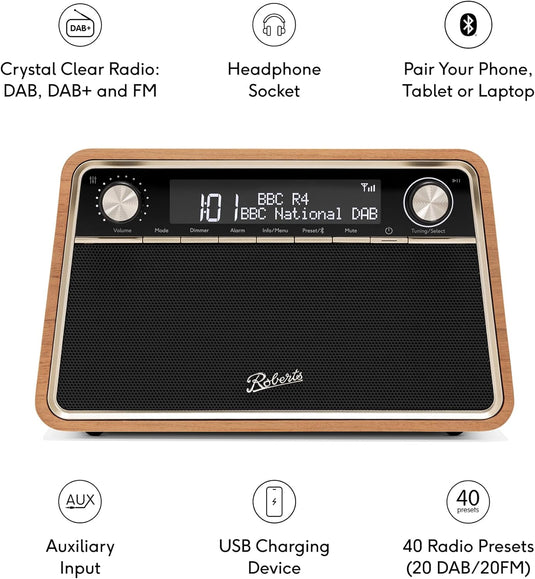 Roberts Reva DAB+/FM Table-top Radio with Bluetooth, Cherry