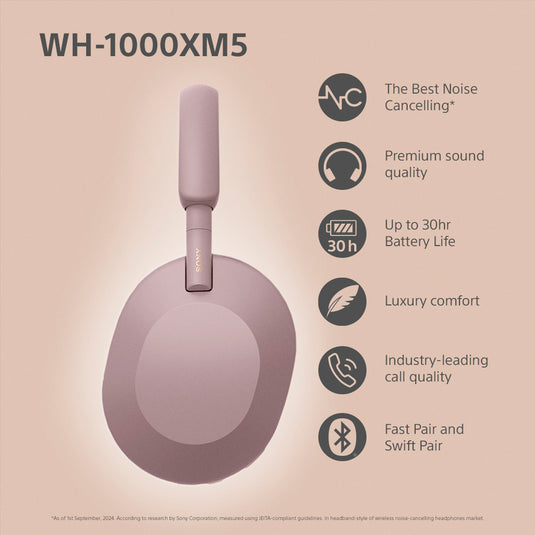 Sony WH-1000XM5 Wireless Noise Cancelling Headphones, Smoky Pink