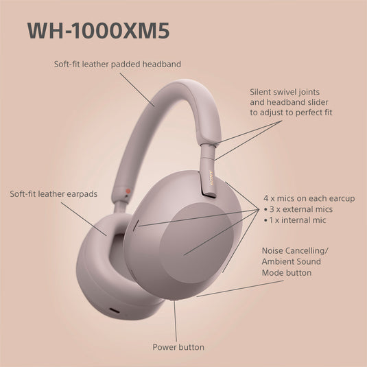 Sony WH-1000XM5 Wireless Noise Cancelling Headphones, Smoky Pink